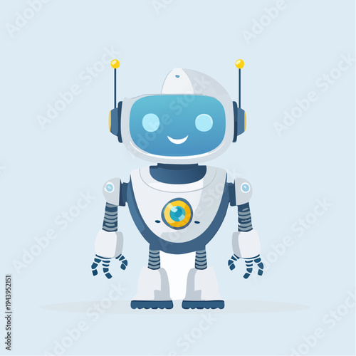 Friendly cartoon robot character with a happy face, perfect for technology and futuristic themes