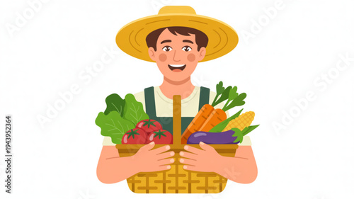 Farmer holding baskets of fresh organic vegetables and fruits smiling with a cheerful expression wearing a straw hat and overalls