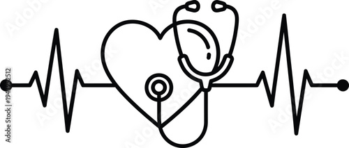 Heartbeat Line With Heart And Stethoscope Medical Illustration
