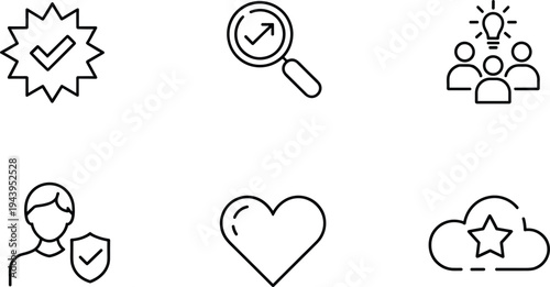 Business quality assurance and trust icons set, verified badge, research discovery, team brainstorm and security protection