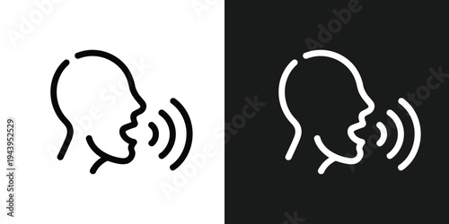 Illustration of two black and white icons of a head in profile with sound waves coming out of mouth isolated and black backgrounds