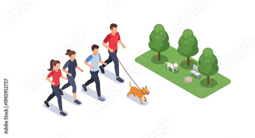 People walking with dog outside.