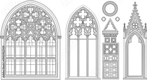 Gothic cathedral window and architectural elements set, medieval church tracery frames collection, ornate gothic line art vector illustration