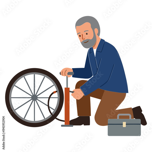 Man kneels beside bicycle wheel inflating tire with pump tool