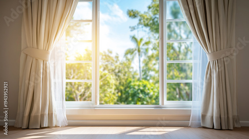 Sunny window view looking outside at lush green trees during summer, light falling on wooden floor