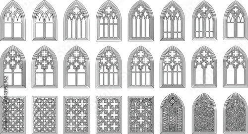 Gothic church window collection, medieval cathedral stained glass frames, gothic arch window set, decorative vintage architecture line art