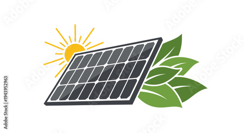 Solar Panel With Green Leaves And Sun Icon.