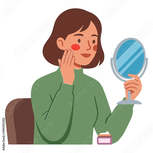 Woman applies makeup looking at mirror with concerned expression indoors