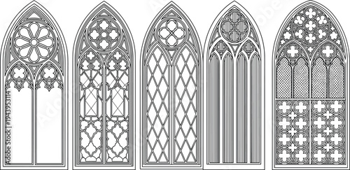 Gothic stained glass window set, medieval cathedral window frames, decorative church architecture elements, vintage gothic ornamental line art