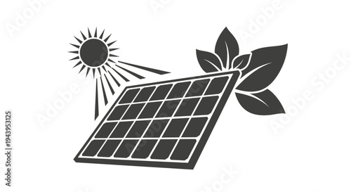 Solar panel with sun and green leaves icon.