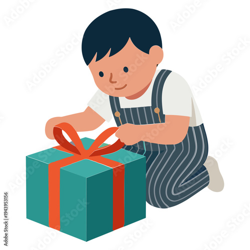 A young boy excitedly unwrapping a gift box with a red ribbon indoors.