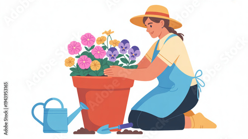 Woman gardening planting colorful flowers in a large pot with a watering can and shovel nearby enjoying her hobby and leisure time outdoors