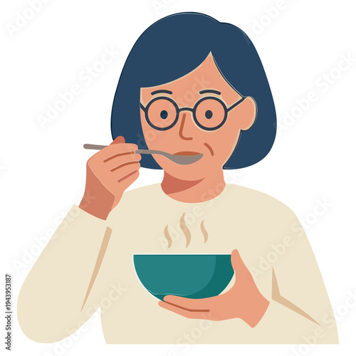 Woman eating a bowl of food with a spoon in hand indoors