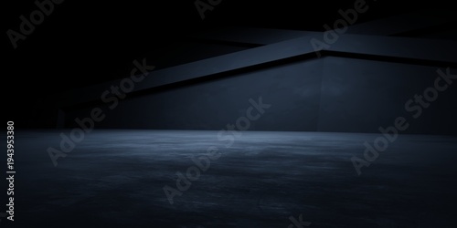 Black abstract futuristic architectural structure illuminated. advertising, showroom, technology, innovation, modern, minimalist, game, alien, spaceship, mystery. Sci Fi Illustration. Dystopian dark