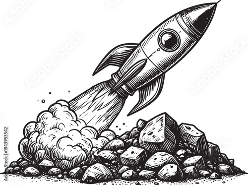 A rocket ship taking off from a pile of rocks