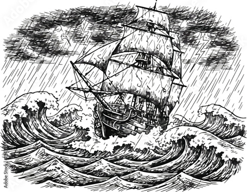 A ship sails through rough seas in a storm