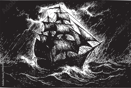 A black and white drawing of a ship in a storm