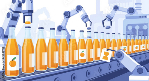 Robots manufacturing orange juice bottles.
