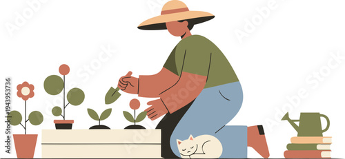 A person kneeling down to tend to plants