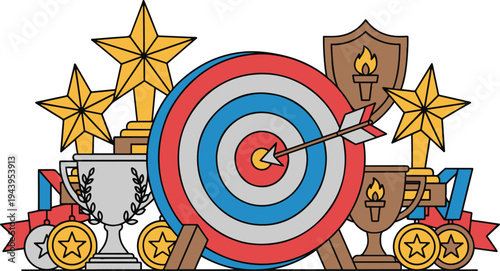 A colorful illustration of a bullseye with trophies and medals