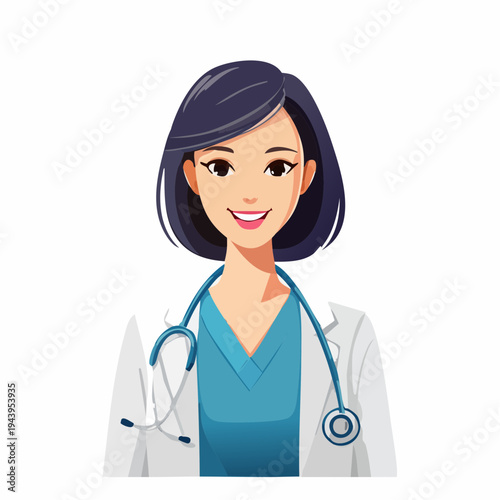 Smiling Asian Female Doctor in Lab Coat with Stethoscope Vector Illustration