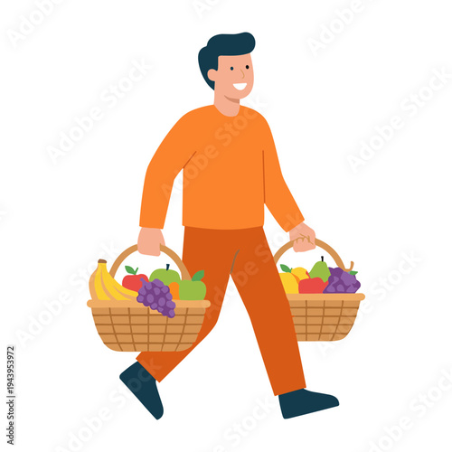 Man carrying baskets of fresh fruits and vegetables outdoors happily