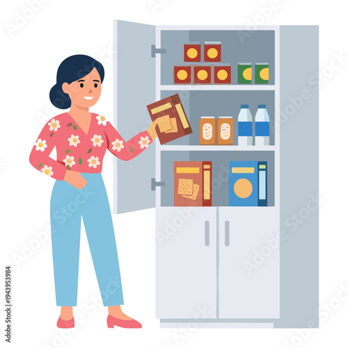 Woman opening refrigerator full of food and drinks in kitchen