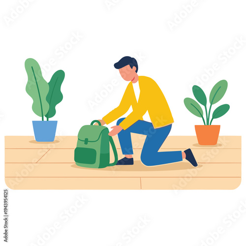Man kneels on wooden floor packing green backpack near houseplants