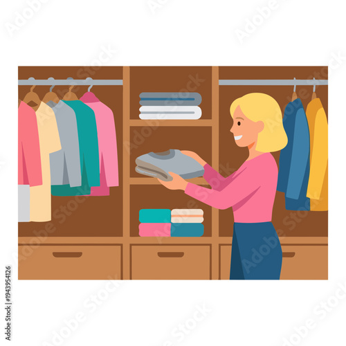 Woman organizing clothes and books in a closet with shelves and drawers