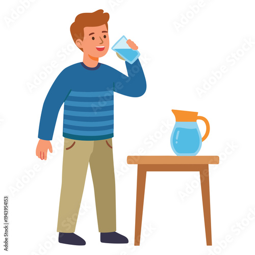 Man drinking water from glass standing next to table with pitcher indoors