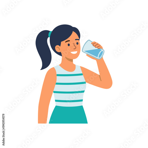 A woman drinks from a glass in a casual outdoor setting happily