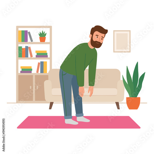 Man stretching on yoga mat in living room with couch and bookshelf