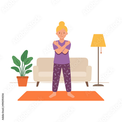 Woman standing on yoga mat with arms crossed in living room interior