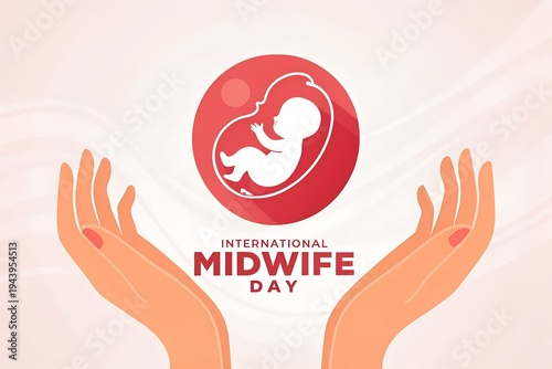 This compassionate illustration celebrates the essential role of midwives on international midwife day, showcasing gentle hands cradling a precious fetus symbol within a protective circle, representin