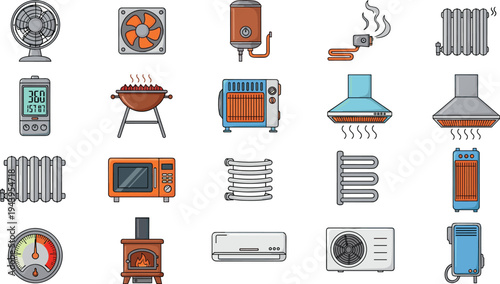heating, cooling, appliances, HVAC, ventilation, radiator, heater, fan, air, conditioner, thermostat, kitchen, equipment, temperature, home, technology, icons, illustration, vector, set