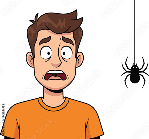 scared, man, spider, fear, phobia, cartoon, character, expression, frightened, insect, arachnophobia, reaction, emotion, surprised, funny, illustration, vector, anxiety, panic, danger