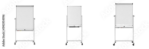 фотографія Set of three mobile whiteboards on wheels, adjustable magnetic flipchart stands for office presentations and classrooms isolated on white background