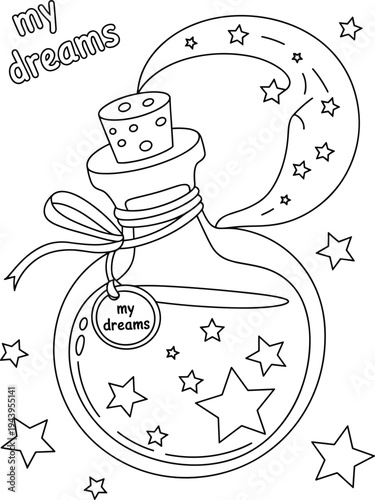 Bottle with stars and ribbon labeled my dreams