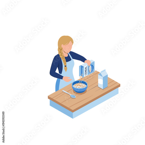 Woman pouring milk into cereal bowl on wooden table indoors