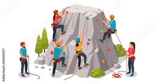 People Rock Climbing Together Outdoors.