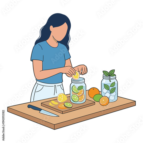 Woman prepares refreshing infused water with slices of citrus fruits on a wooden cutting board indoors.