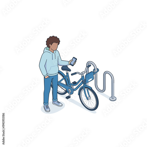 Man standing with bicycle in city parking lot looking at phone
