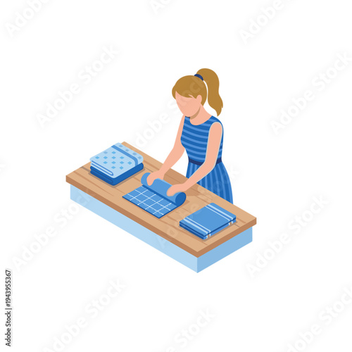 Woman is wrapping blue packages on a wooden table in an office.