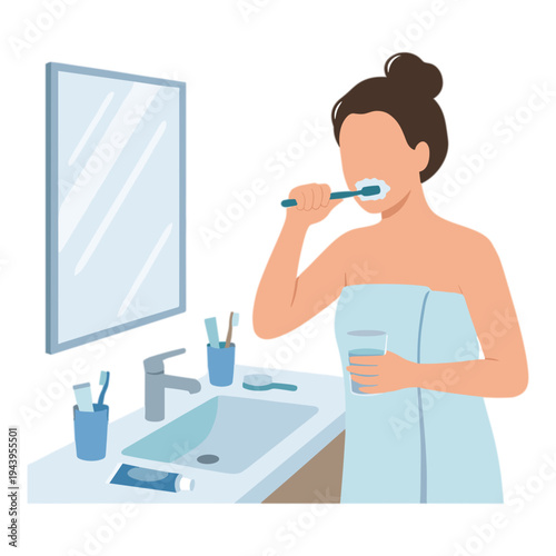 Woman brushing teeth in bathroom with toothbrush and toothpaste