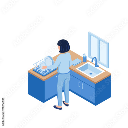 Woman washing dishes in kitchen at home with sink and window