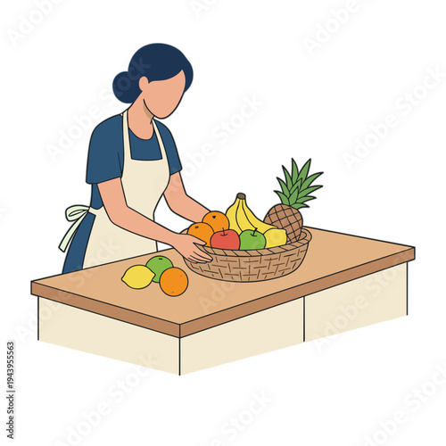 Woman prepares fresh fruit basket on kitchen counter indoors