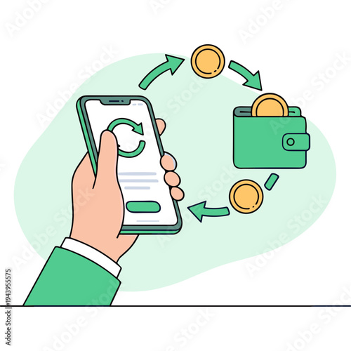 A hand holding a smartphone with a green wallet and coins exchanging money digitally.
