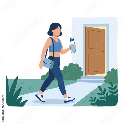 Woman walks out the door with a bag and water bottle in hand on a sidewalk