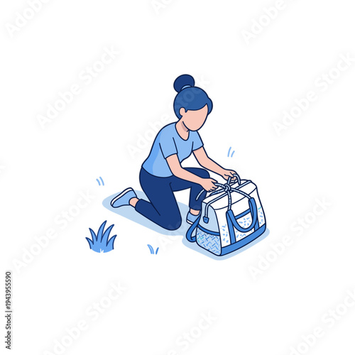 Woman prepares gym bag on yoga mat outdoors in morning light.