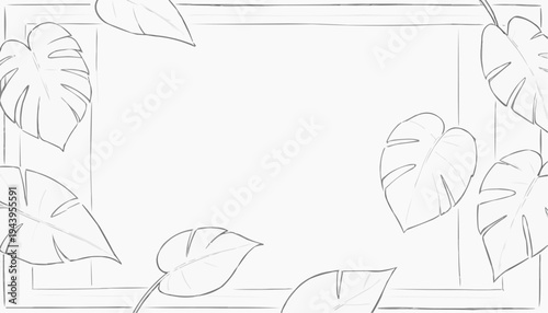 Minimalist outline of large tropical monstera leaves on recycled paper texture with copy space